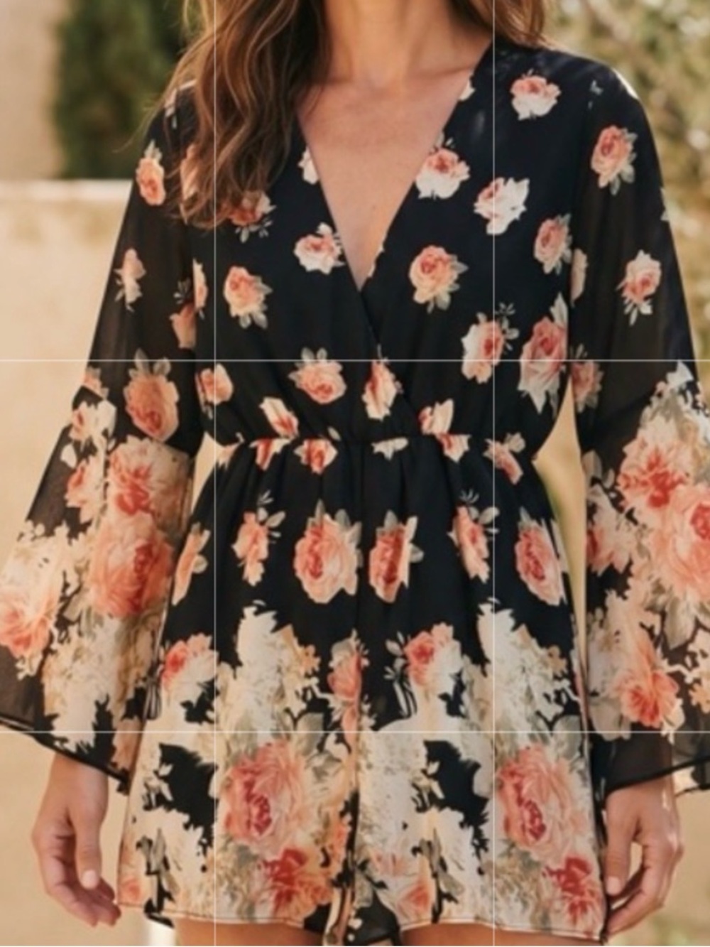 Choies Black and Pink Floral Romper with Flare Sleeves.